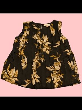 Calvin Klein Pleated Black Top with Tan Floral Accent